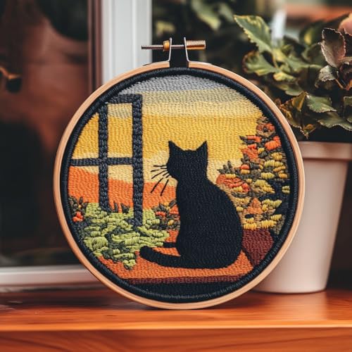 DIY Punch Needle Kits Black Cat Back Sit on Window with Hoop 20x20cm-16 - color: 01-Cat2