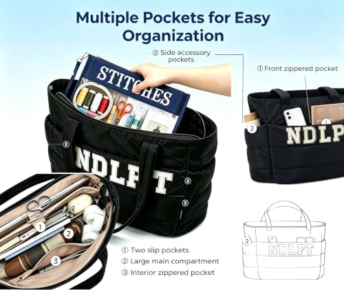 Needlepoint (NDLPT) Tote Bag & Clear Stitching Zipper Pouch Set (Black) - color: Black