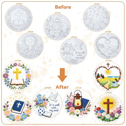 BEUNITONE 6PCS Bible Cross Pattern Embroidery Starter Kit, Hand Embroidery Kits for Adults Beginners Include Hoop Needles Threads and Instruction, Funny Needlepoint Craft Kits for Gifts and Home Decor - style: Bible