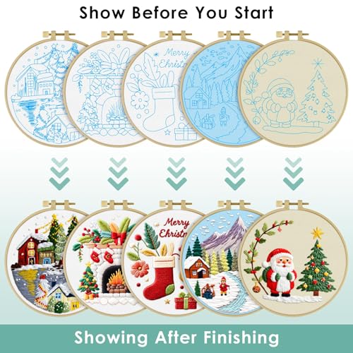 ERKOON Embroidery Kit for Beginners, 5 Sets Christmas Cross Stitch Set for Adults Include Embroidery Cloth Hoops Threads for Craft Lover Hand Stitch with Skill Techniques (Christmas#1) - color: Christmas#1