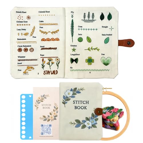 Linhao Jew Embroidery Stitch Book Kit for Beginners, Embroidery Starter Set for Adults DIY Hand Sewing Kits with Threads&Tools，Step-by-Step Video Tutorials