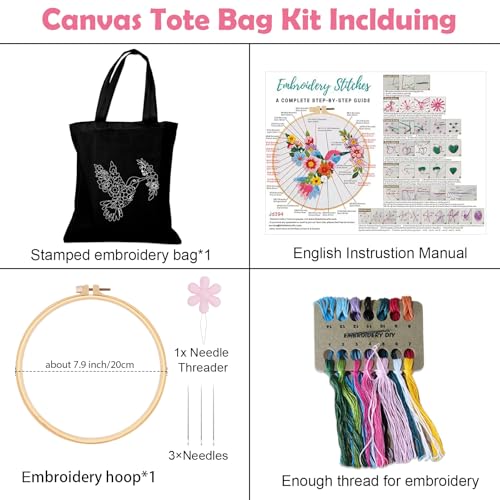 Nuberlic Embroidery Tote Bag Kit for Beginners with Floral Bird Pattern - color: Bird