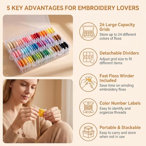 Embroidery Floss Cross Stitch Organizer Box Set 50 Pcs White Plastic Floss Bobbins Set Embroidery Thread Bobbins with Organizer Storage Box and 552 Pcs Floss Number Stickers