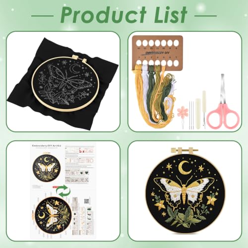 ERKOON Embroidery Kit for Beginners Adult Cross Stitch Set Include Embroidery Cloth Hoop Threads for Craft Lover Hand Stitch with Embroidery Skill Techniques (Moon Butterfly) - color: Moon Butterfly