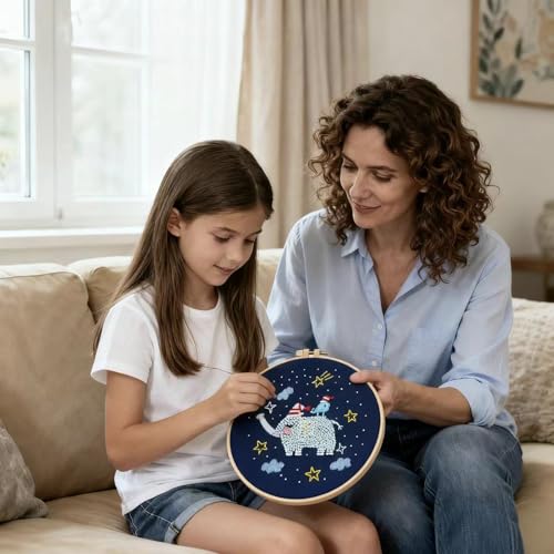 WHEWGLC Embroidery Kit for Beginners, 2 Set Embroidery Starter Kit Cute Animal Patterns, Instruction & Video with Wooden Hoops Needles Threads DIY Hand Sewing Gift for Adults and Teens - size: 6.3 In 2PCS
