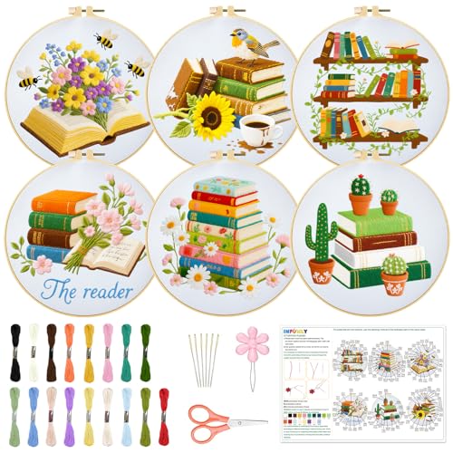 INFUNLY 6 PCS Book and Flower Embroidery Kits for Beginners DIY Cross Stitch Starter Sets for Adults with Instructions Book Cacti Pattern Birds Needlepoint Kits with Embroidery Cloth Hoops Tools