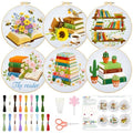 INFUNLY 6 PCS Book and Flower Embroidery Kits for Beginners DIY Cross Stitch Starter Sets for Adults with Instructions Book Cacti Pattern Birds Needlepoint Kits with Embroidery Cloth Hoops Tools