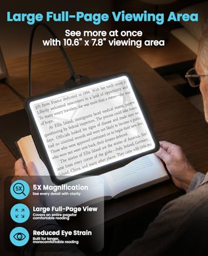 5X Full Page Magnifying Glass with Light and Stand for Reading