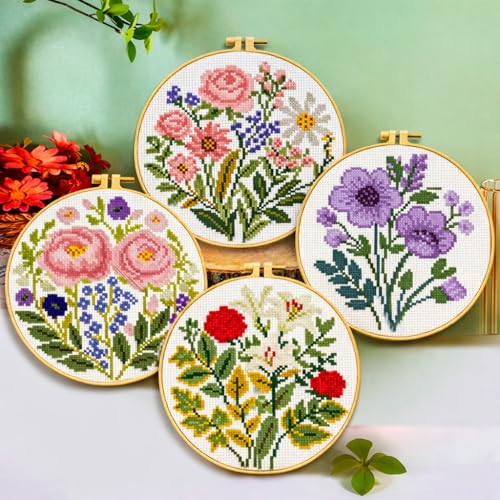 Zhenqing 4-Piece Floral Cross Stitch Kit for Beginners - 11CT 24x24cm Christmas Embroidery Set with Pre-Printed Fabric, Hoop, Threads & Tools(70526) - color: Floral-4 Piece