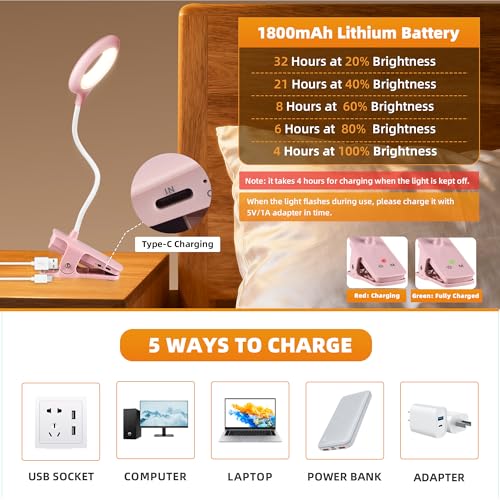 Akynite Clip on Light LED Desk Lamp 5 Brightness+5 Colors Rechargeable Lamp - color: Pink