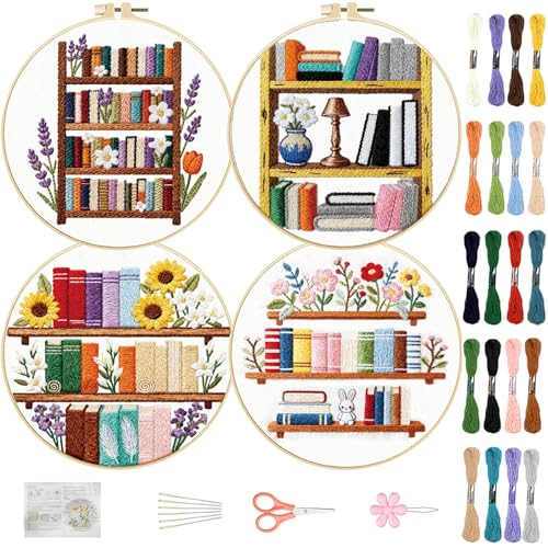 FREEBLOSS 4 Set Embroidery Kit Bookshelf Pattern Stamped Embroidery Starter Kit with Step by Step Instructions, Colored Threads, 2 Hoops, Needlepoint Kits for Hand Craft Lovers Gift, 30cm/11.8inch - style: Book Shelf
