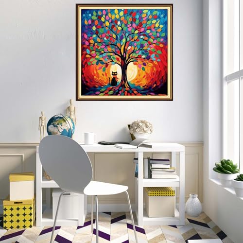 Redxing Counted Cross Stitch Kit for Beginners,Unprinted Needlepoint Kits for Beginners Cross Stitching Embroidery Kit 11CT Stitches kit- Moonlit Tree Cat 18x18 inch - color: KitsColor07