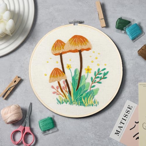 Bonroy 4 Sets Embroidery Kit for Beginners with Instructions,Cross Stitch Kits for Adults with Pattern,Needlepoint Kits for Adult Include Embroidery Cloth Hoops Needles Threads(Mushroom) - color: mushroom4