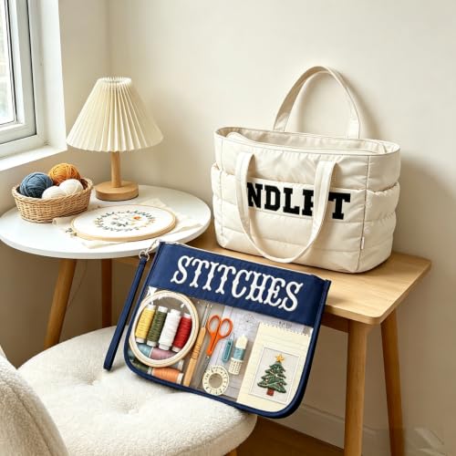 RF REENFAYA Needlepoint Tote Bag & Clear Zipper Pouch—Puffy Craft Organizer - color: Beige/Navy