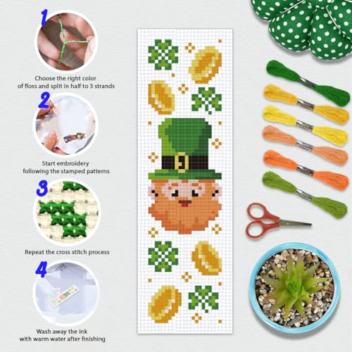 BEUNITONE 6 Pcs Bookmarks Cross Stitch Kits for Adults Beginner St. Patrick's Day Themed Stitch Bookmark Cross Stitch Kits for Beginners Good Luck Embroidery Kits Bookmark Kit for Book Lover 8''x2.4'' - style: St. Patrick's