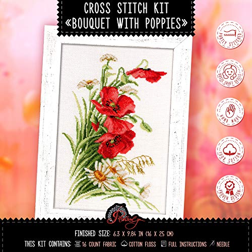 Povitrulya Counted Cross Stitch Kit 'Bouquet with Poppies' - Poppies and Daisies Wildflowers Hand Embroidery Set … - color: Bouquet with Poppies
