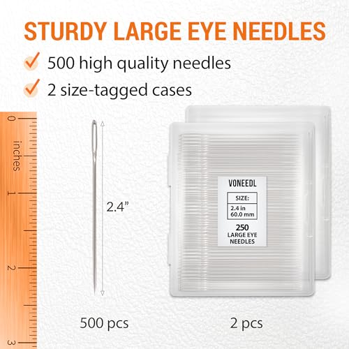 VONEEDL 500 PCS Large Eye Heavy Duty Sewing Needles - Bulk Set of 2.4 inch Big Eye Embroidery Needles - Easy to Thread Quilting Needles - style: 2.4 inches