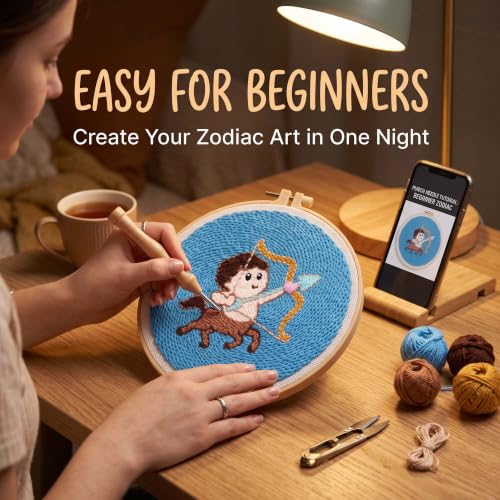 Harimau Punch Needle Kit Twelve Zodiac Signs Pattern,1Pc Embroidery Hoop, Essential Punch Needle Supplies,Ideal Punch Art for Beginners,DIY Adults Embroidery, Video Teaching - color: 65283