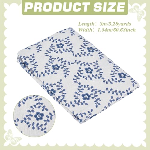 BENECREAT 3.17~3.3 Yards Linen Floral Fabric, 60 Inch Wide Decorative Fabric for Upholstery, Clothing Sewing and DIY Crafts, Blue & White