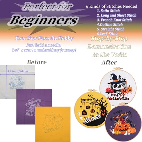 FONNUY Halloween 3 Set Embroidery Kit DIY for Adult Beginner, Pre-Stamped Patterns Pumpkin Skull Embroidery Kits with Embroidery Hoop, Colored Threads and Needles, Easy to Follow Needlework