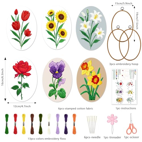 INFUNLY 6 Pack Elliptical Shape Embroidery Starter Kit for Beginners Flowers DIY Embroidery Kits for Adults Sunflower Rose Stamped Needlepoint Set with Step-by-Step Instructions Craft Lover Gift - style: Elliptical
