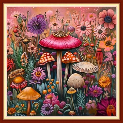 DMCVIVR Stamped Cross Stitch Kits for Beginners Adults Needlepoint Kits for Beginners Embroidery Kits for Adults Crossstitch Kit for Beginners 11CT-Colorful Mushroom Flowers 18x18 inchs - color: ColorNice08