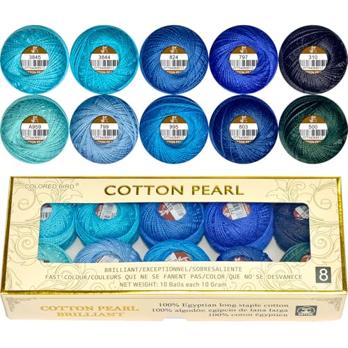 Double Mercerized Egyptian Long Staple Cotton Pearl Thread Ball 10 Grams Rainbow Color Embroidery Thread 10 Colors per Box for Crochet Hardanger Cross Stitch Hand Embroidery,Blue Series - color: blue series
