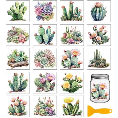 GLOBLELAND 18 Sheets Cactus Rub on Transfer 3.9x3.6inch Colorful Succulent Vase Home Decals Plant Flowers Cup Transfer Stickers for Furniture Vase Glass Art Crafts Decorations - style: Cactus