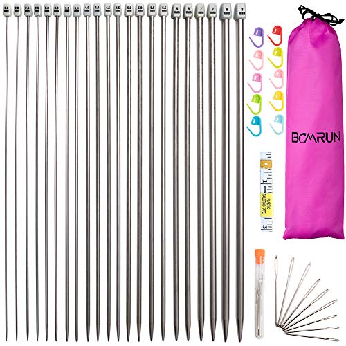 BCMRUN Knitting Needle Set, 22PCS 2mm(B)-8mm(L) Straight Single Pointed Stainless Steel Sweater Needles Set(11Pair-11 Size,9.8 inch) with Locking Stitch Makers Large-Eye Needles Measure Tape (36CM) - size: 36CM