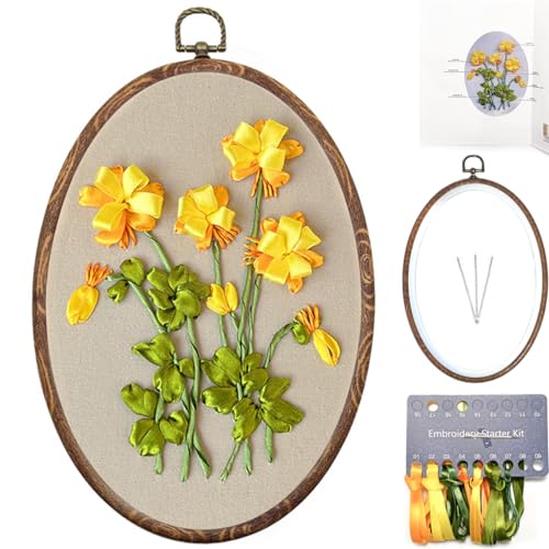 FONNUY Ribbon Embroidery 3D Flowers Pattern Design Kit Embroidery DIY Handwork Set Oval Home Decoration (Yellow Begonia) - style: Yellow Begonia
