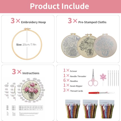 LYMIGER 3 Packs Embroidery Kit for Adults, Embroidery for Beginners (Vase) - color: Vase