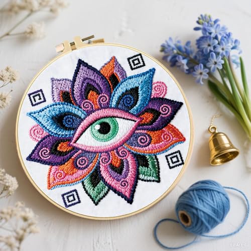 FREEBLOSS 4 Set Embroidery Kit Hamsa Pattern Stamped Embroidery Starter Kit with Step by Step Instructions, Colored Threads, 2 Hoops, Needlepoint Kits for Hand Craft Lovers Gift, 30cm/11.8inch - style: Tarot Elements