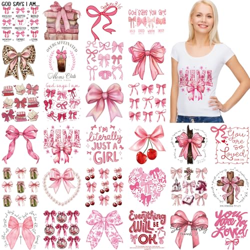 Yuntau 30 Pcs Coquette Bow Iron on Transfers Patches, Pink DTF Vinyl Decal - style: Coquette Bow