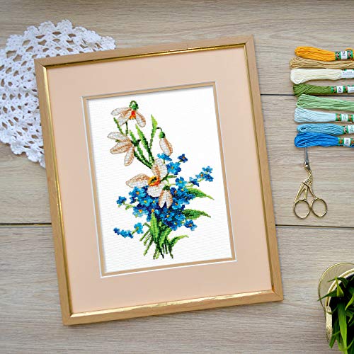 Povitrulya Spring Flowers Cross Stitch Kit “Snowdrops” | Embroidery Set with White Floral Pattern and 16 Count Aida Fabric - color: Snowdrops