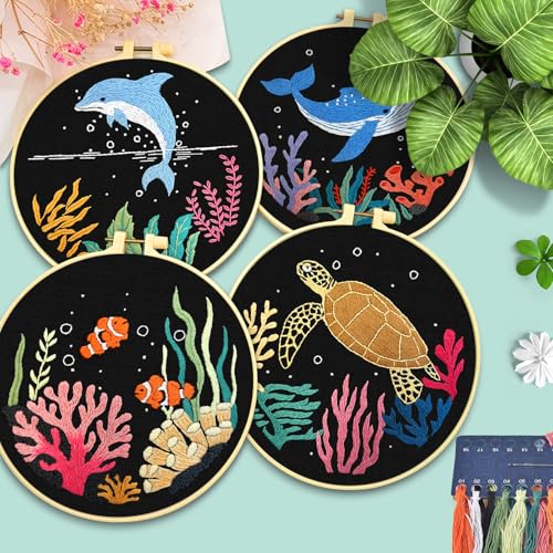 ERKOON 4 Set Embroidery Kit for Beginners, Cross Stitch Set Include Embroidery Cloth Hoops Threads for Craft Lover Hand Stitch with Embroidery Skill Techniques (Marine Animals) - color: Marine Animals