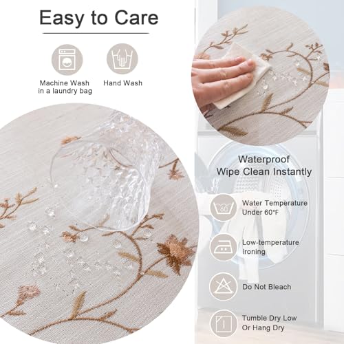 Joyfol Day Linen Waterproof Tablecloth with Tassels, Rustic Farmhouse Flowers Embroidery Table Cloths for Rectangle Tables, Heavy Weight Spill-Proof Table Covers, Coffee Florals, 55''x 102'' - color: Coffee Florals, size: 102" x 55" (Rectangular)