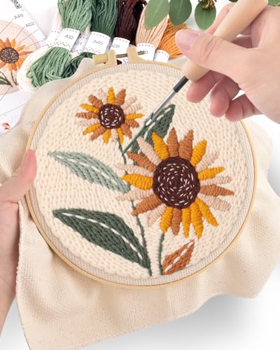 ERKOON Punch Needle Kit Beginners Adults, DIY Easy Flower Embroidery Set for Starter Art Craft, Needling Punching Project with Patterns, Tools, Yarns, Hoop, Instruction (Sunflowers) - color: Sunflowers