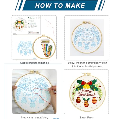 Zhenqing Merry Christmas Embroidery Kit for Beginners, Red Bells and Ornaments Craft Set with 20cm Hoop, Printed Design on 29x29cm Cotton Fabric, DIY Holiday Wall Art (C0036) - style: Christmas Bells