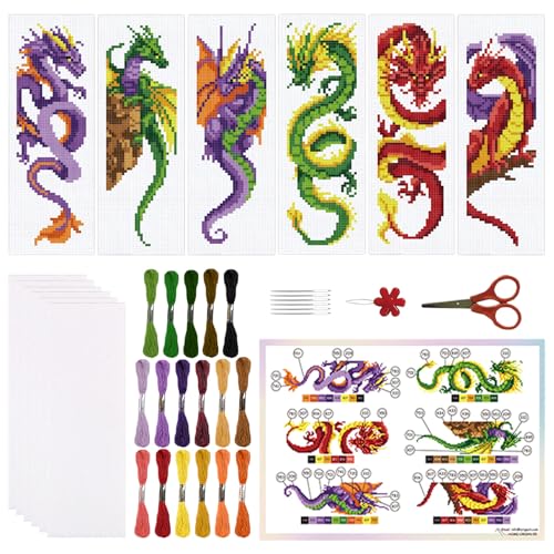ORIGACH 6 Set Dragon and Loong Cross Stitch Bookmark Kit for Beginner - style: Dragon and Loong