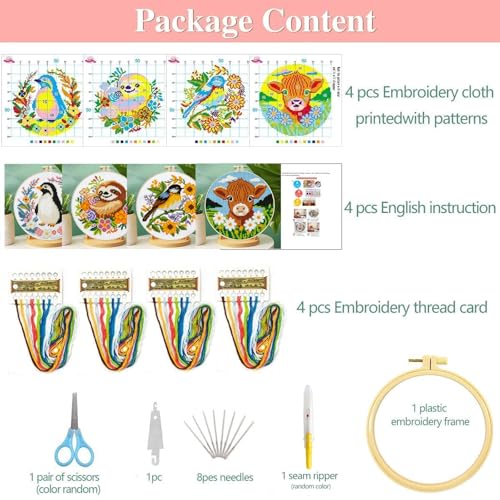 Zhenging Animal Cross Stitch Kit – 4 Pre-Printed Designs (Sloth, Bird, Penguin, Calf) with 11CT 9.45x9.45 Inch Fabric, Hoop, Scissors, Threader & Tools for Beginners & Adults - color: 69569