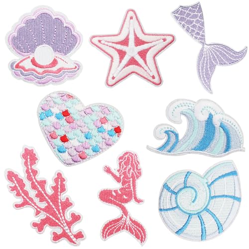 8PCS Mermaid Iron On Patches, Ocean Embroidery Appliques for Clothing - color: Mermaid Themed