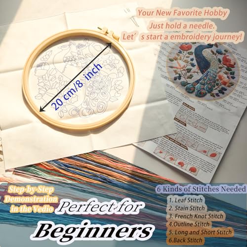 FONNUY Flower Peacock Embroidery Kit for Beginners, Cross Stitch Kits for Adults, Handmade Crafts with Printed Pattern Set, Color Thread Needlework, 8'' Hoop (Regal Peacock) - color: Regal Peacock
