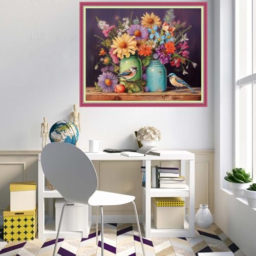 Disnesart Cross Stitch Stamped Full Embroidery Kits DIY 11CT Cotton Thread Printed DIY Needlepoint Kits Craft Needlework Set Cross-Stitch Stamped Sets-Flower Bird 16x20 inch - color: Stylepattern07