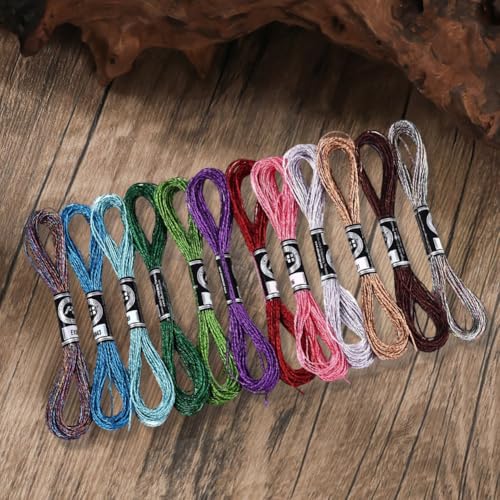 12 Skeins 6 Strands Metallic Embroidery Floss Glitter Cross Stitch Thread Colorful Sparkly Polyester Friendship Bracelet String Yarn Threads Bulk for Hand Sewing Crafts Bracelets Making DIY - color: Colorful