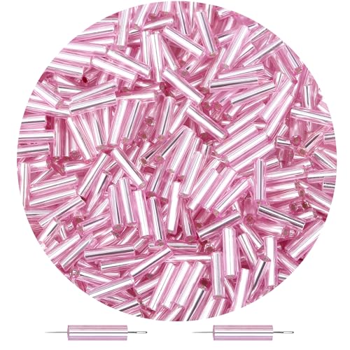 3000PC Pink Glass Bugle Beads 6MM Pink Tube Beads - color: pink