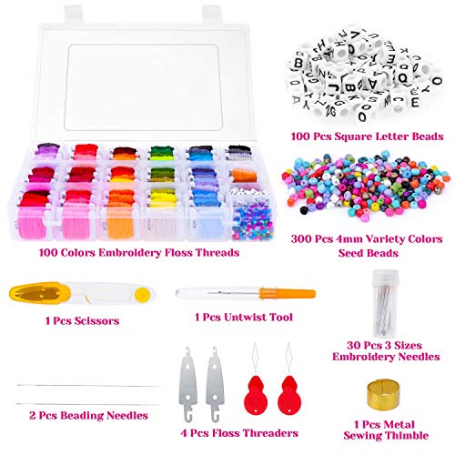 selizo Professional Embroidery & Craft Floss Kit, 100 Colors Thread with Organizer Box, Tools & Beads for Cross Stitch, Friendship Bracelets and DIY Art Projects