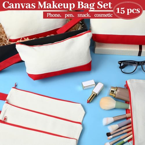 Silkfly 15 Pcs Cotton Canvas Makeup Bags Cosmetic Zipper Bags 10.2 x 5.5 x 2'' Blank DIY Pouch Bulk Pencil Case with Bottom Travel Toiletry Pouch for Women Craft Decor Gift (Beige and Red) - color: Beige and Red