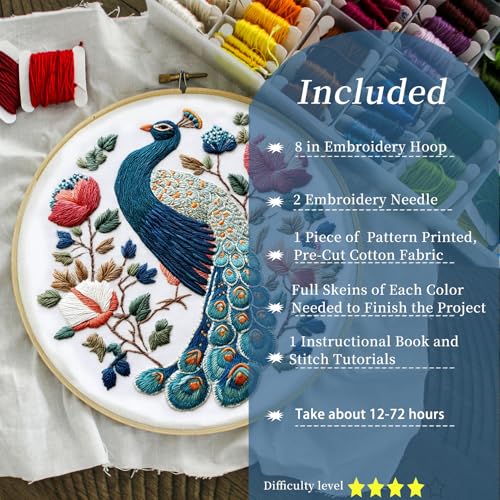 FONNUY Flower Peacock Embroidery Kit for Beginners, Cross Stitch Kits for Adults, Handmade Crafts with Printed Pattern Set, Color Thread Needlework, 8'' Hoop (Regal Peacock) - color: Regal Peacock