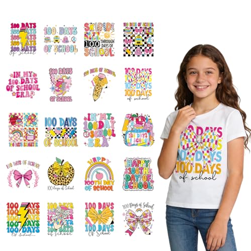 30Pcs 100 Days of School Dtf Transfers Ready to Press Back to School 100 Days Iron on Transfers for Tshirts Teacher Student Heat Transfer Vinyl Stickers for Clothing Pillows Bag DIY Crafts - color: 100 Days of School