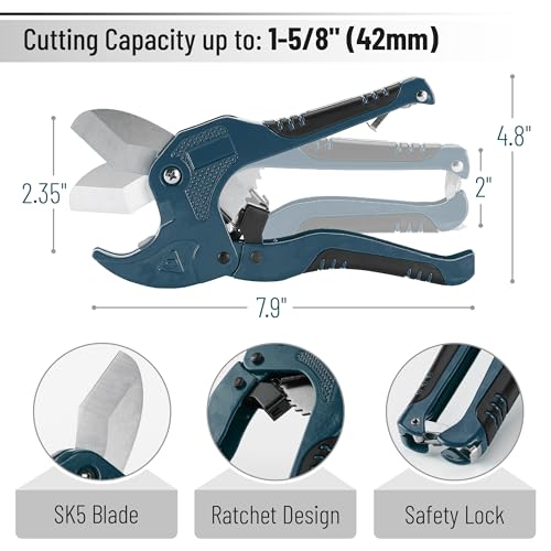 Bates- PVC Pipe Cutter, Cuts up to 1-5/8", Ratchet Pipe Cutter, PEX Cutting Tool for Cutting PEX, PVC, PPR Plastic Hoses and Plumbing Pipes, Teal Blue - color: Teal Blue